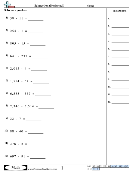 Subtraction (Horizontal) Worksheet - Subtraction (Horizontal) worksheet